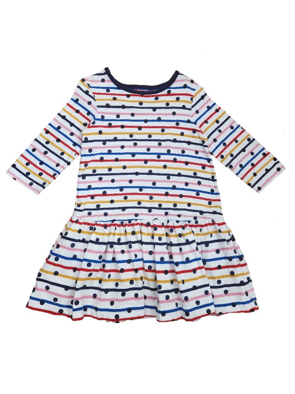 Boden Girls Stripy Jersey White Dress Rainbow Stripe/Navy Spot Size 5-6 Years